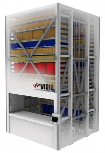 a vertical lift module with an x-rayed front so materials on the inside are visible.
