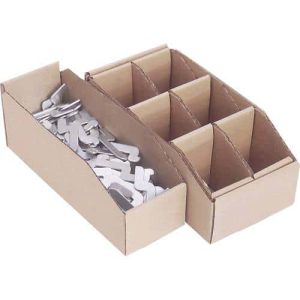 2 beige corrugated parts bins storing small parts on a white background.