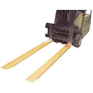 yellow forklift extensions connected to forklift